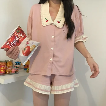 

Korean New Kawaii Girly Two Piece Suit Cute Cartoon Cherry Embroidery Ruffles Shirt Pajamas Home Service Loose Solid Suit Women