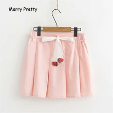 Merry Pretty/женские розовые плиссированные юбки из хлопка с вышивкой клубники, милые Стильные мини юбки с высокой талией и шнуровкой для девочек