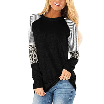 

Long Sleeve Office Soft Spring Leopard Stripe Loose Autumn Comfortable Crew Neck Casual Women Tops Travel Splice Daily