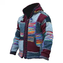 

Men's coat ethnic color block casual long-sleeved knitted jacket cotton blended with pockets men's daily outdoor hooded jackets