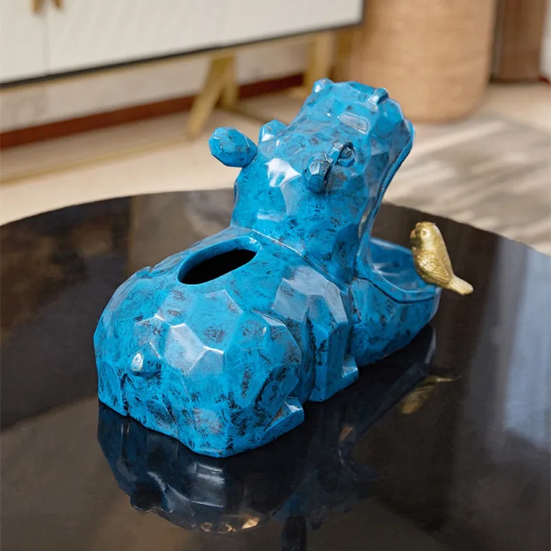 Geometry Hippopotamus Statue Storage Box Tissue Box Decoration Resin Artware Sculpture Decor Home Decoration Accessories R2464