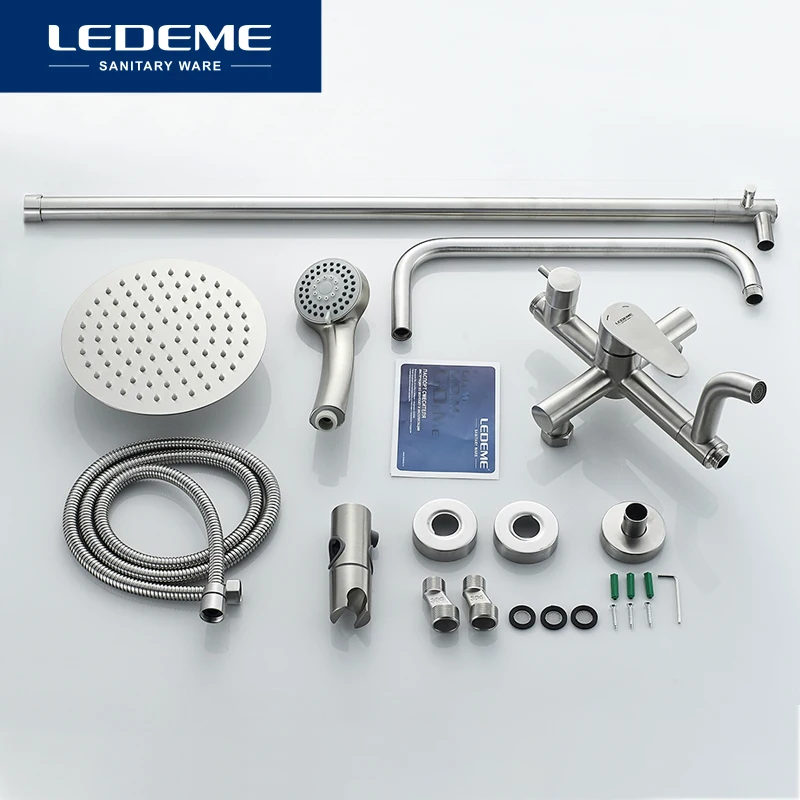 LEDEME Shower Mixers Faucet Brushed Rain Shower Faucets Taps Wall Round Hand Stainless Steel Mixer Tap Set L72402