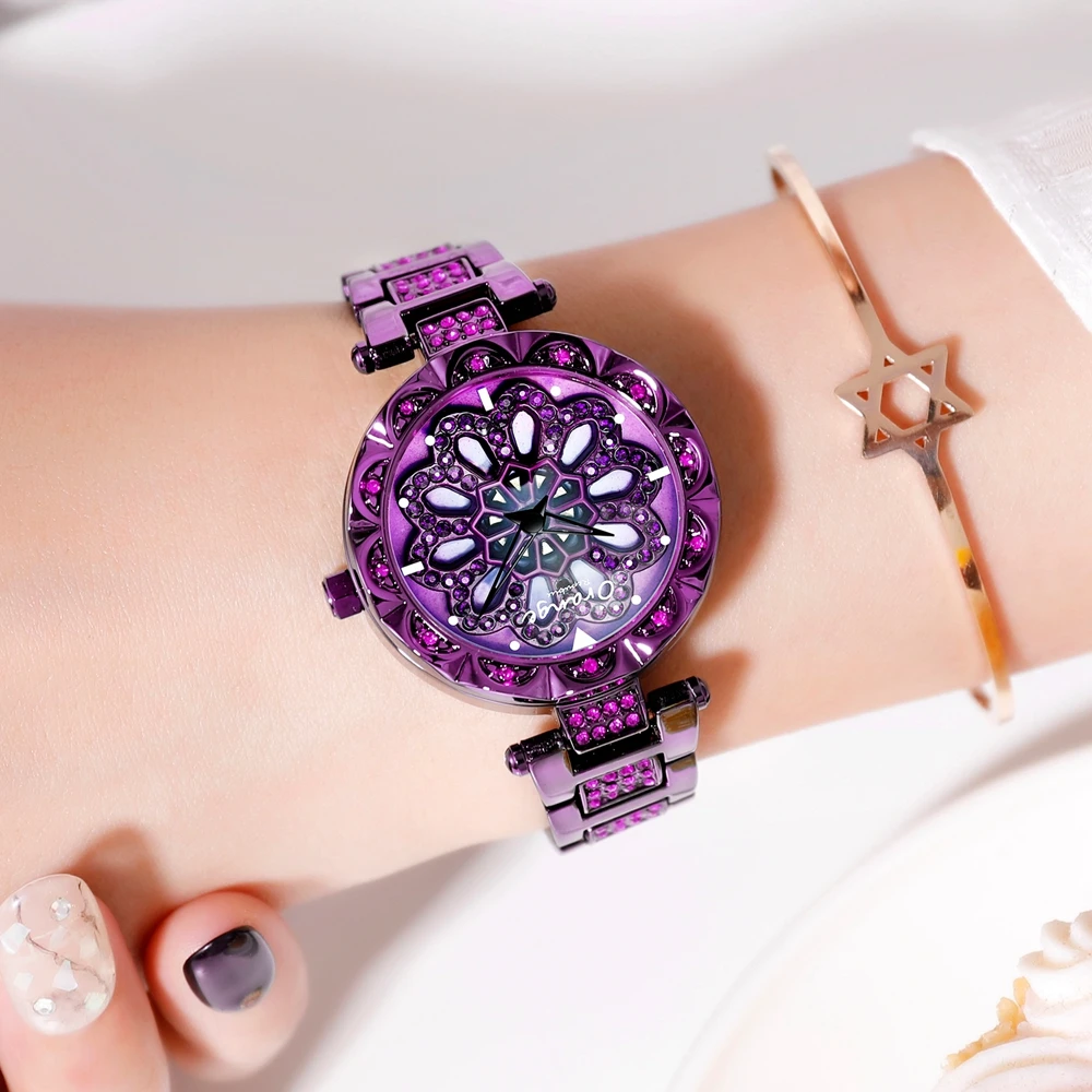 Великолепные фиолетовые бриллиантовые забавные наручные часы с вращением на 360 градусов в виде лепестков, японские водонепроницаемые модные изысканные элегантные женские часы - Цвет: 601U-SZC