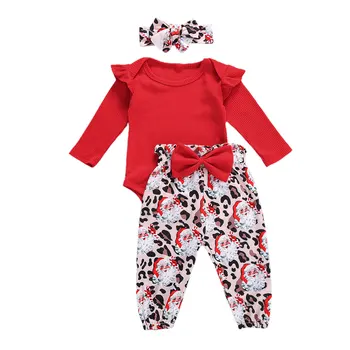 

Christmas Newborn Baby Girls Clothes Spring Autumn Cute Cotton Solid Bodysuit&Leopard Santa Claus Printed Trousers Set