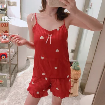 

WAVMIT 2020 Summer Sleepwear Set New Silk Sling Shorts Dee Sexy Pajama Set Sling Women's Home Cloth Pyjamas with Chest Pad
