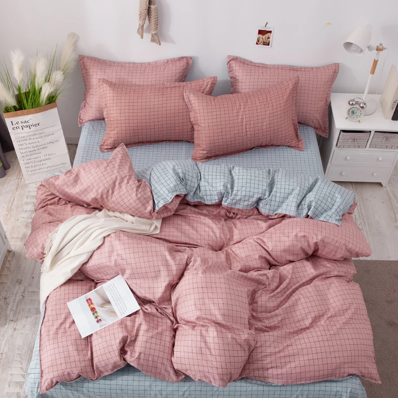 Bed Linens Reactive Printing Brief Plaid Bedsetl Sheet Pillowcase & Duvet Cover Sets 4 Pcs Home Textiles Fundas Nordicas Cama |