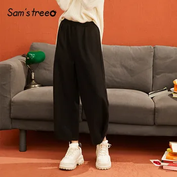 

SAM'S TREE Black Solid Straight Wide Leg Casual Women Pants 2019 Winter Pure Mid Waist Loose Office Ladies Basics Trousers