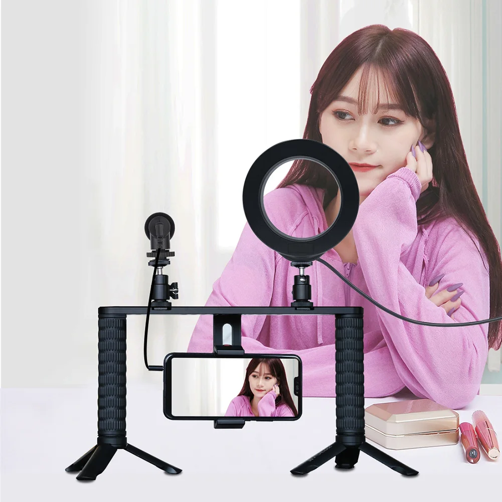 

Vlog Live Broadcast 4.6'' Ring LED Selfie Light Phone Video Rig Handle Stabilizer Stand Kits with Microphone Mount Tripod Head