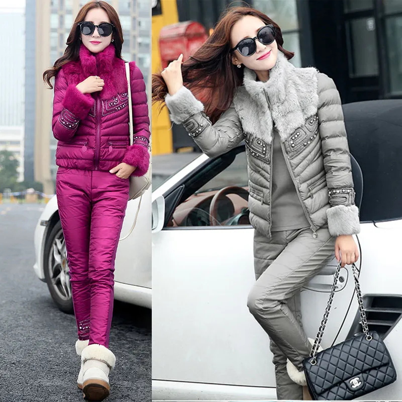 

2019 Turtleneck Time-limited New Fashion Slim Rabbit Hair Stitching Thick Large Size Vest Cotton Trousers 3 Piece Suit Women