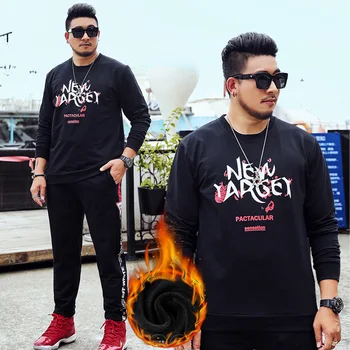

Large Size Suit Men's Fattening Enlarging Sportswear Autumn And Winter Style Man Plush Thickening Casual Sweater Two Piece Set