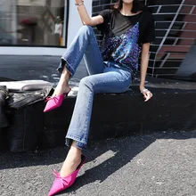 Nonis, средняя талия, винтажная длина лодыжки, расклешенные ноги, джинсы для женщин, стрейч синие джинсовые узкие брюки джинсовые брюки-карандаш