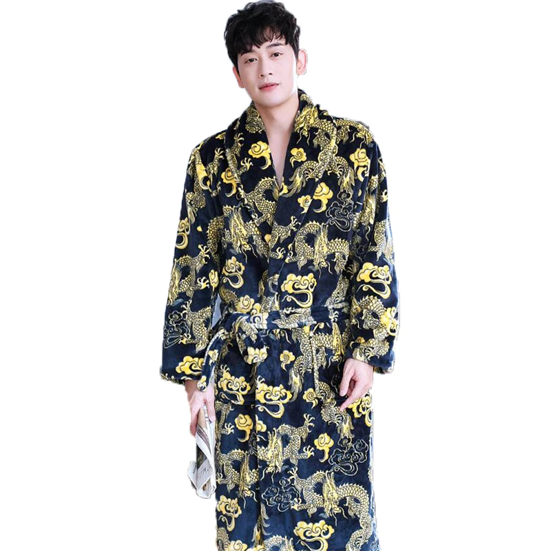 Chinese Dragon Printed Men Bathrobe Winter Flannel Long Robe Thick Warm ...