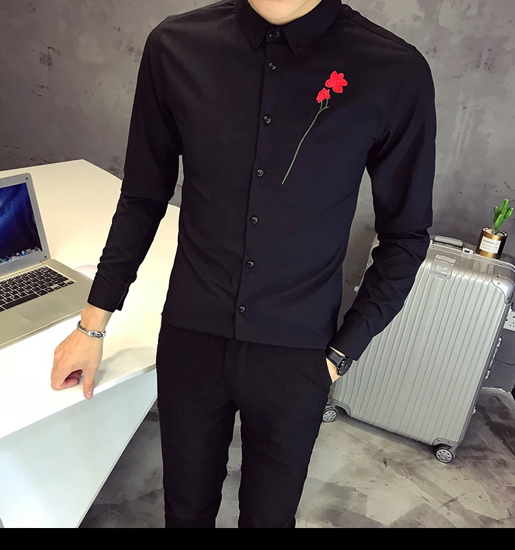 Рубашка с вышитыми цветами, мужская, с длинным рукавом, брендовая, Camisa Masculina, приталенная, уличная, для выпускного, смокинг, для ночного клуба, вечерние рубашки