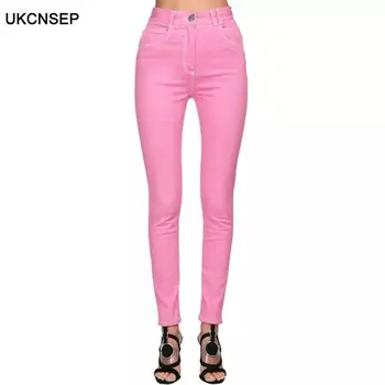 

Newest 2020 Designer Jeans Women's Top Stitching Contrast Pink Denim Jeans Pencil Pants