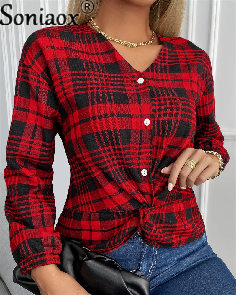 Autumn Winter Women Plaid Printed Shirt Loose Womens V-Neck Button Kink Blouse Long Sleeve Casual Ladies Fashion Streetwear Tops