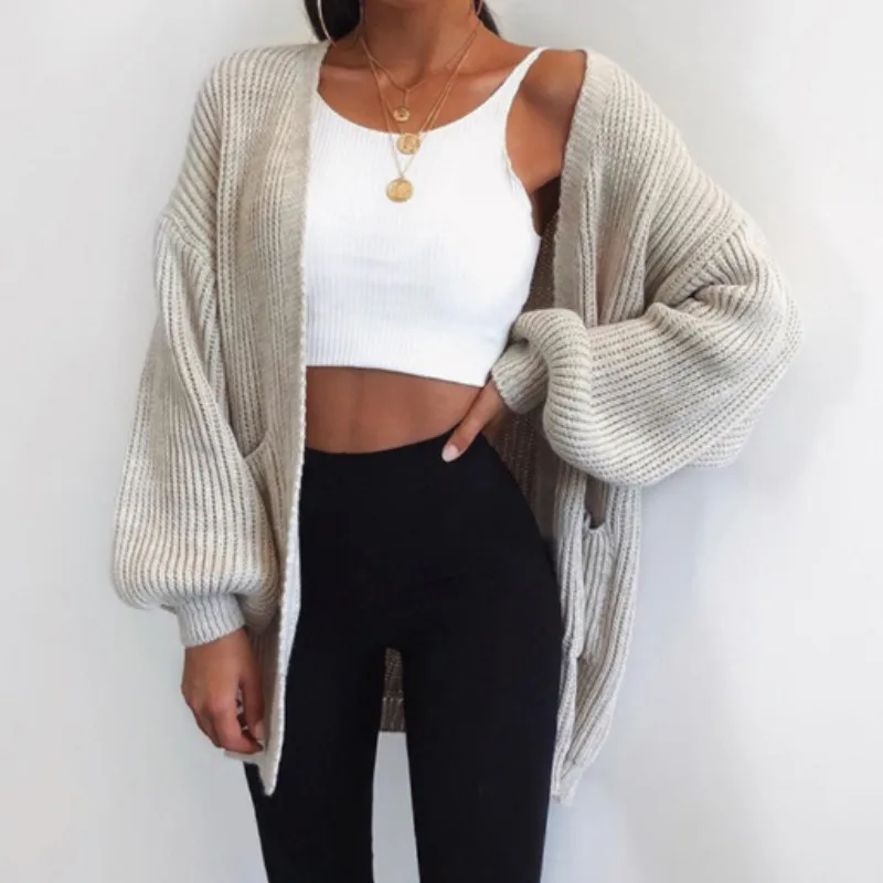 

New Women Knitted Sweaters Cardigan Outer Autumn Winter Solid Woolen Knittings Open Stitch Tops Casual Sweater with pocket 2019