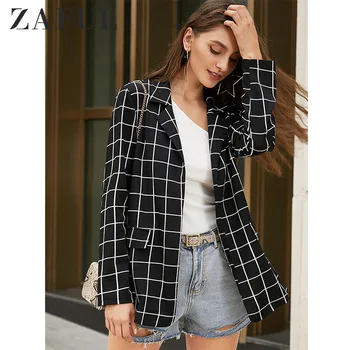 

ZAFUL Grid Open Front Longline Blazer Long Sleeves Lapel Collar Loose Wearing Office Lady Autumn Winter Outdoor Tops 2019