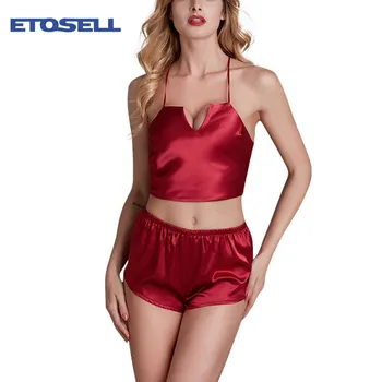 

2pcs/set Silk Sexy Pijamas Women Sleepwear Satin Summer Pyjama Femme V Neck Home Suit Wedding New