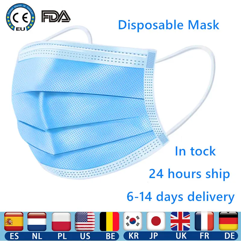 

50 pcs Disposable 3 Layer Mask Hanging ear Facial Anti-Dust Safety Masks dispoable face mouth mask Disposable Masks Pad With box