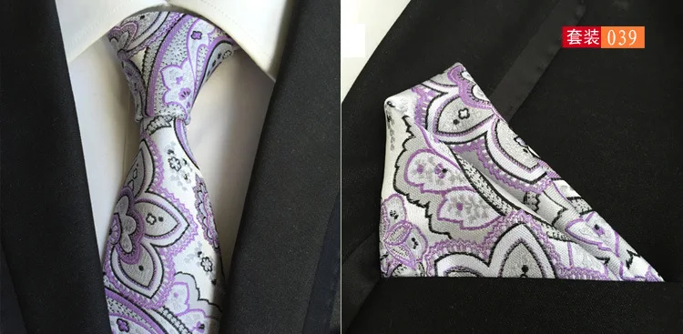 Модный цветочный галстук "пейсли" для мужчин 8 см шелковый Набор платков и галстуков для свадьбы Одноцветный галстук носовой платок наборы - Цвет: 039