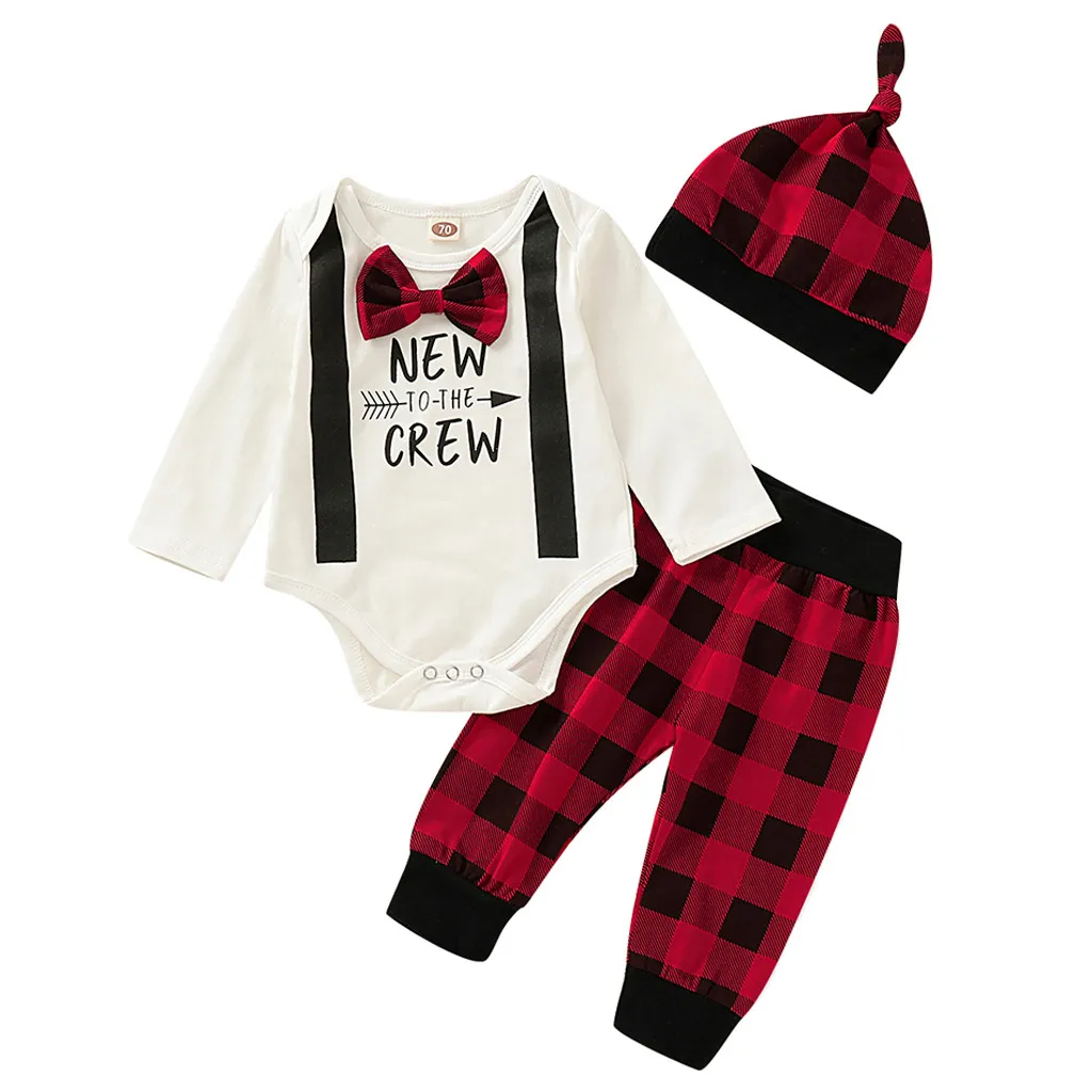 Комплект одежды из 3 предметов для новорожденных мальчиков, хлопковый комбинезон с бантом и буквенным принтом, клетчатые штаны, шапка, Классический комплект одежды для мальчиков,# LR2