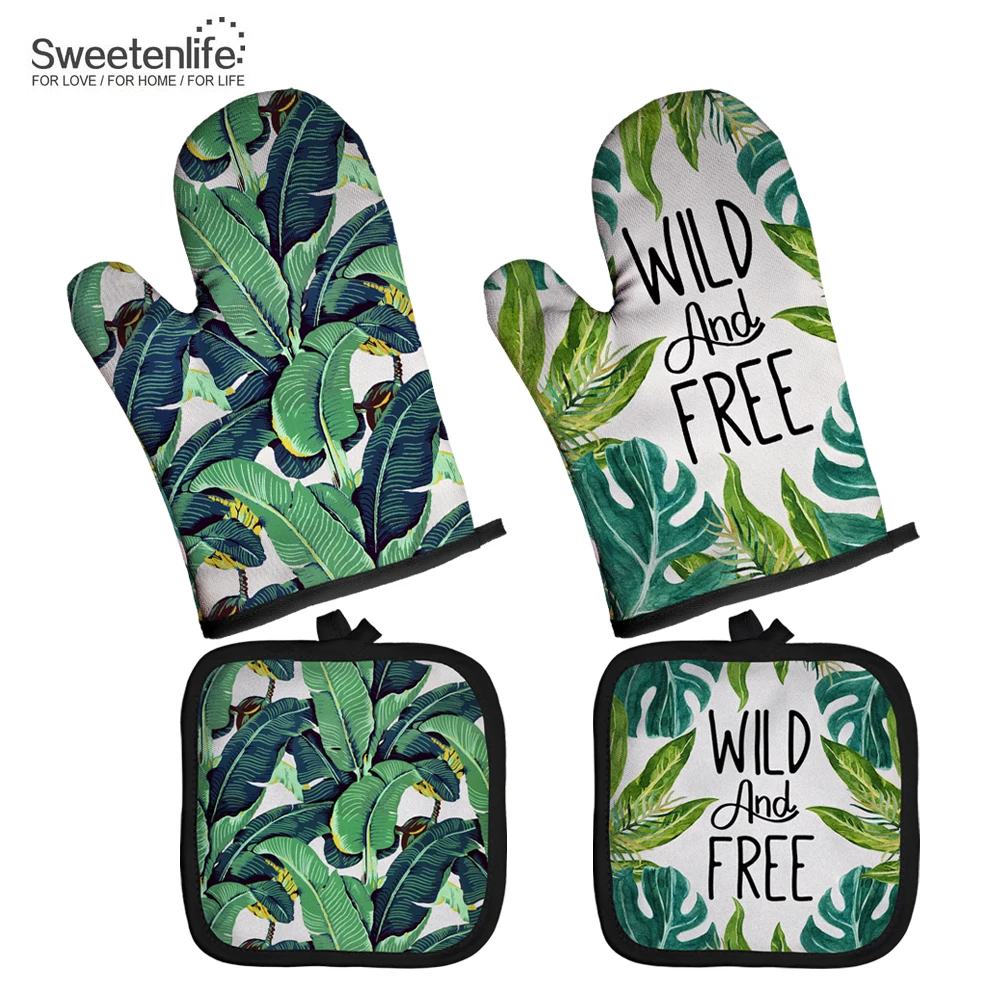Customize Oven Mitts Baking Plant Pattern Kitchen Microwave Gloves Polyester Insulation and Anti-scalding Gloves Potholder Mat silicone oven mitts kitchen gloves silicone oven gloves
