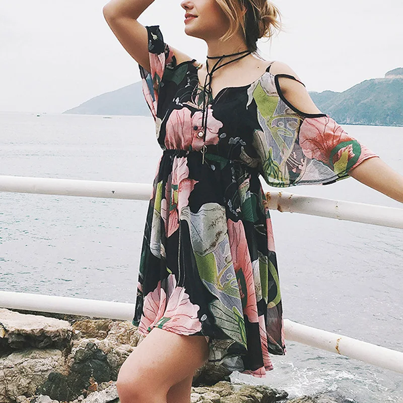 Summer Women Dress Beach Cute Backless Spaghetti Strap Asymmetrical Loose Chiffon Ruffles V Neck Print Mini Sexy Vestido | Женская