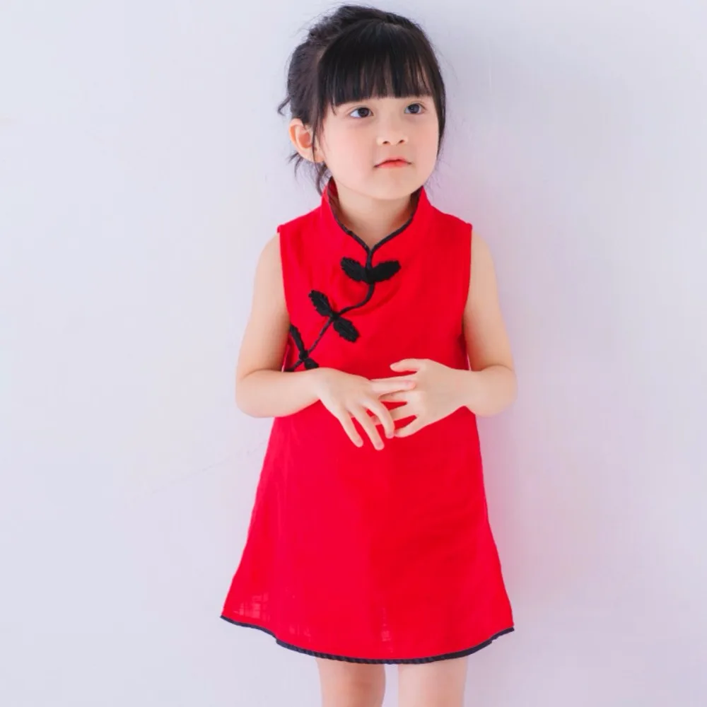 

Summer Baby Girl Dresses Classic Chinese Style Sleeveless Baby Girls Cheongsam Dresses Cotton Linen Vintage Clothing a