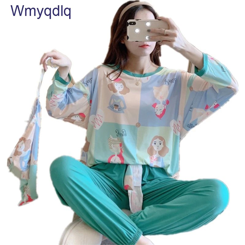

Wmyqdlq Pajamas Women's Spring And Autumn Long-Sleeved Small Fresh And Fashionable Home Service Thin Cloth Bag Suit Pyjamas Set
