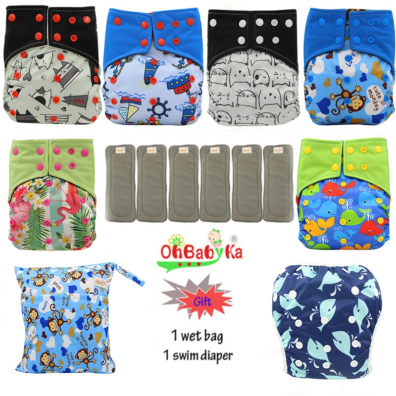 OhBabyKa Многоразовые Все-в-два карман подгузник бамбуковый уголь детская Пеленка из моющейся ткани чехол+ 6 шт бамбуковые вставки детские подгузники - Цвет: 85