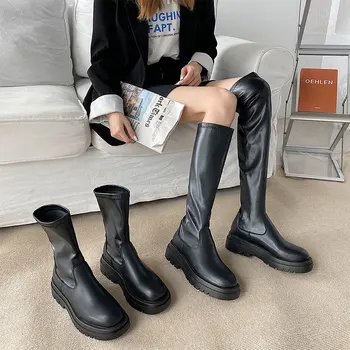 Women Ankle Boots Ladies Shoes Slip On Mid Calf Boots Platform Soft PU Leather Long Boot Footwear Woman Fashion Spring Winter 1