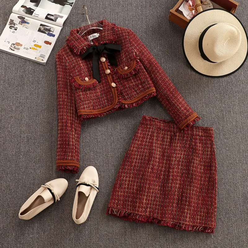 Nouveau Femmes Tissé Bows Tweed Veste Manteau Mini Jupe 2Pcs Costume pompons une ligne robe