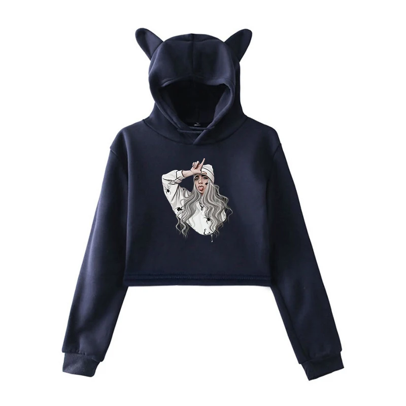 Navy 1 Лидер продаж, модные Kpop Billie Eilish толстовки, короткий кошачий топ с капюшоном, женская сексуальная розовая толстовка с кошачьими ушками, трендовая Толстовка Harajuku - Цвет: Navy 1