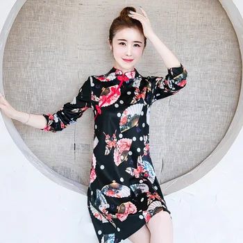 

2020 Improved Cheongsam Dtress Vintage Sweet Printed Long Sleeve Spring Summer Chinese Style Party Dress Red Qipao