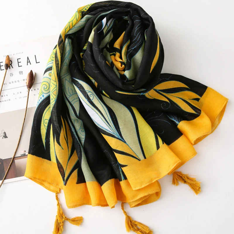 

2020 Spain Fashion Yellow Gardenia Floral Tassel Viscose Shawl Scarf Scarves Wrap Pashmina Stole Bufanda Muslim Hijab Snood