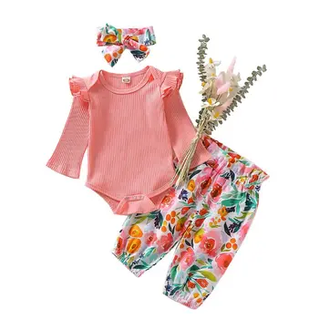 

3pcs / Set 2019 Infant Baby Girl Kids Clothes Flower 3pcs Romper Pants Headband Outfit Set Baby Girl Clothes Baby Clothing