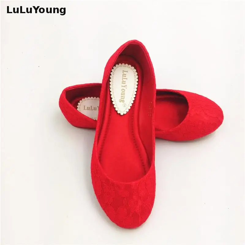 Women Red Wedding Shoes Female Lady Flat Married Lace Bridal Shoes