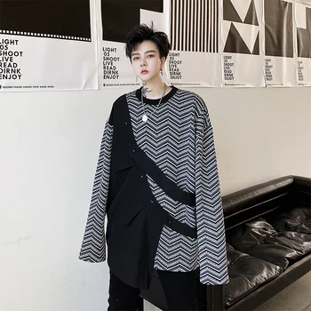 

Male Japan Korea Style Streetwear Vintage Loose Tee Shirts Men Asymmetric Splice Long Sleeve Casual T-shirt Stage Clothing