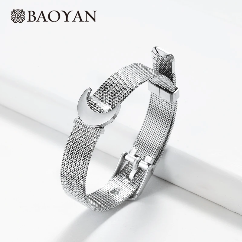 BAOYAN браслет с шармом из нержавеющей стали, золото, серебро, Регулируемый Браслет-манжета, простой титановый сетчатый Браслет для женщин - Окраска металла: SSBTG142-16130-S