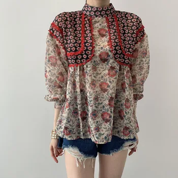 

COIGARSAM Vintage Floral Print blouse women blusas womens tops and blouses Blue Apricot 2141