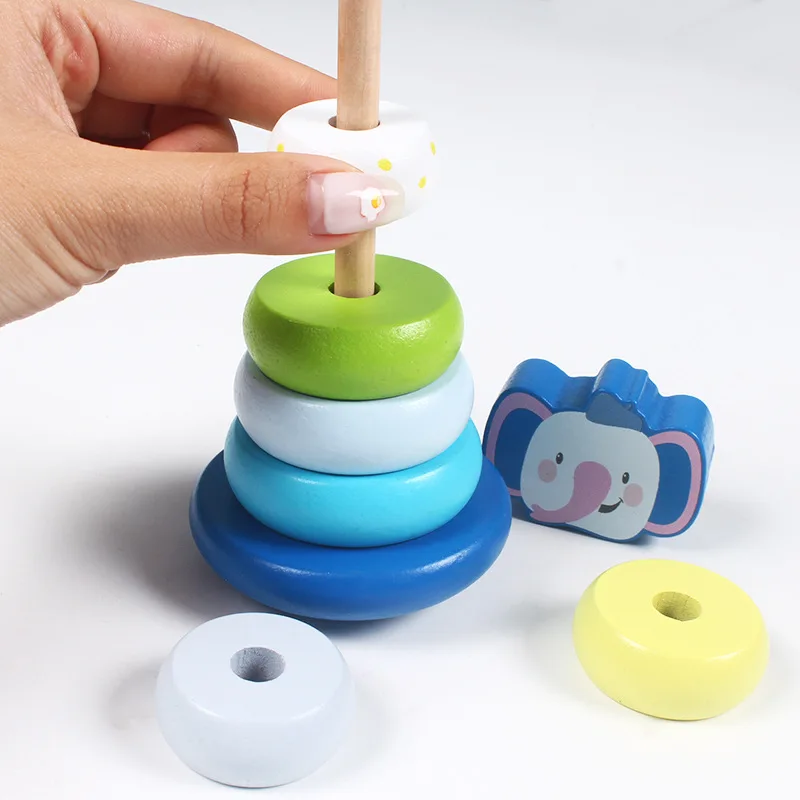 

Large Size Wood Rainbow Tower Clown Bricks Pro Product Wooden Color Stack-up Tumbler Toy 1-2-3-Year-Old