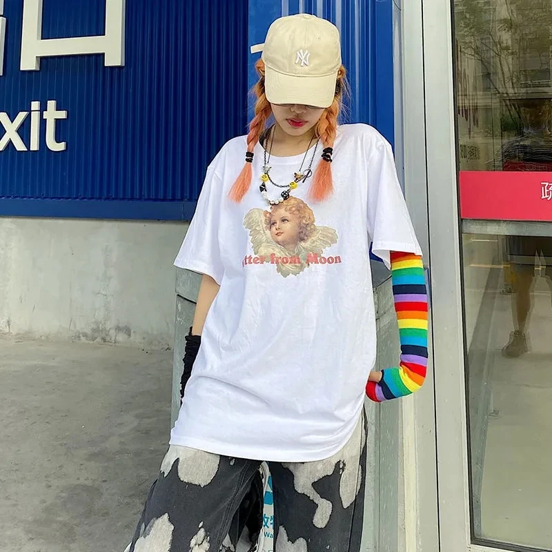 Goth Streetwear Short Sleeve Top Tee Female y2k Cupid gothic kpop accessory футболка Harajuku bunny Print Crop Women T-shirts