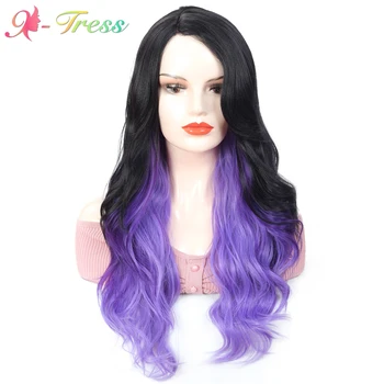 

X-TRESS Dark Roots Ombre Purple Color Trendy Lace Part Synthetic Wigs for White Women Heat Resistant Cosplay Daily Wig