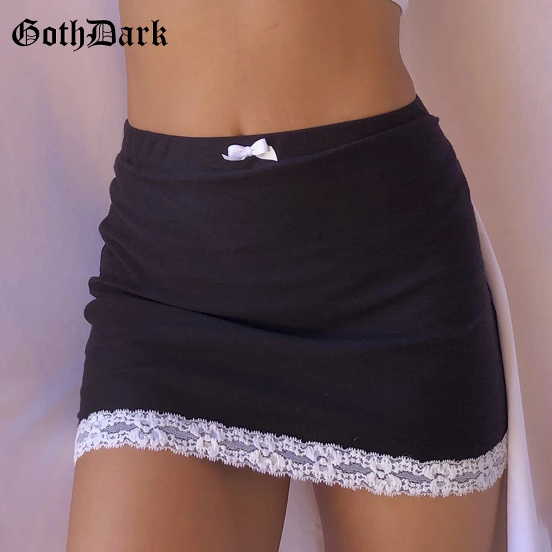 Slim Skirt Y2k Dark-E-Girl Goth Black Fashion Lace A-Line High-Waist Women Clubwear Patchwork