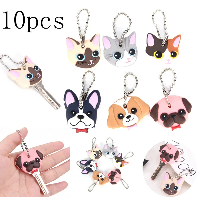10pcs Lovely Jewelry Shell Cat Dog Animals Shape Silicone Key Ring Cap Head Cover Keychain Case Jewelry Gift