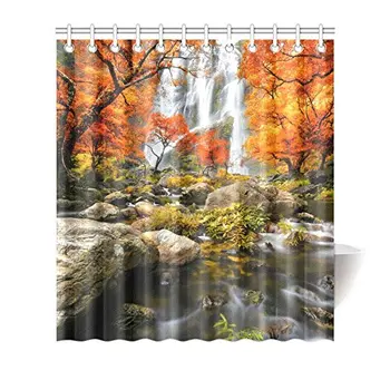 

Autumn Landscape Beautiful Waterfall in Forest Decor Waterproof Polyester Fabric Shower Curtain Bathroom Sets with Rings,