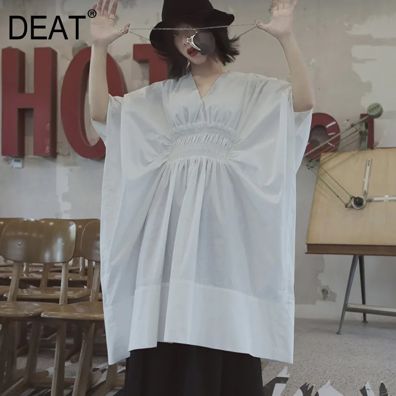 

[DEAT] Women Dress New V-Neck Half Sleeve Pleated Irregular Temperament Brief Loose Fit Fashion Tide Spring Autumn 2019 13D817
