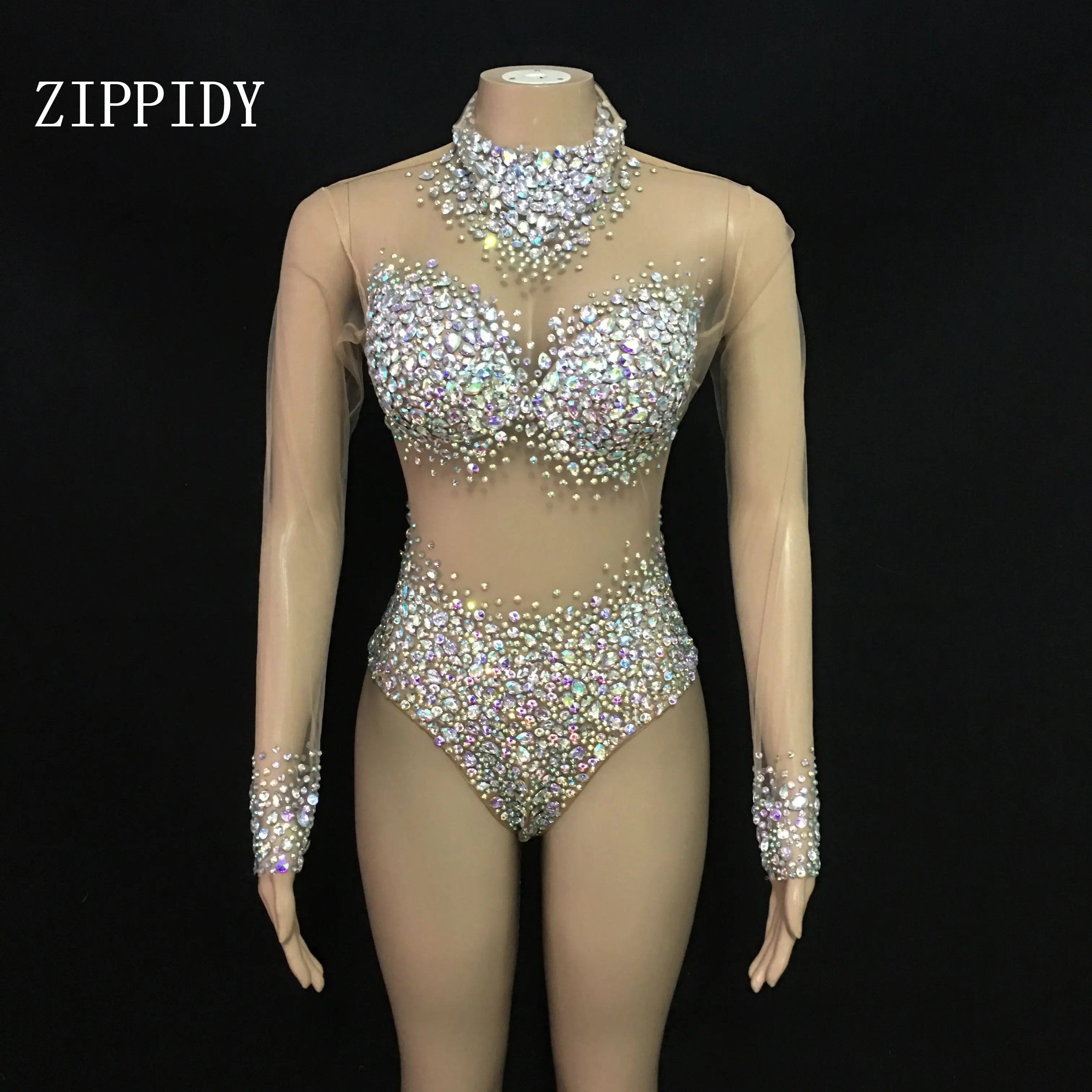 

AB Rhinestone Transparent Bodysuit Women Dancer Team Mesh Outfit Bar Birthday Evening Party Singer Costume Outfit