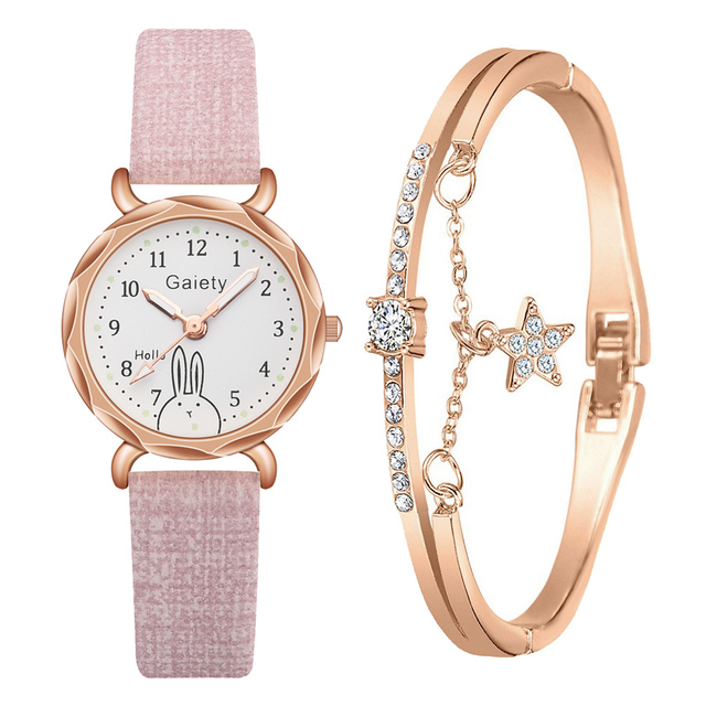 Brand 2pcs Set Casual Watch For Women Rhinestone Bracelet Watch Leather Ladies Wrist Clock Simple Dress Gfit Montre Femme
