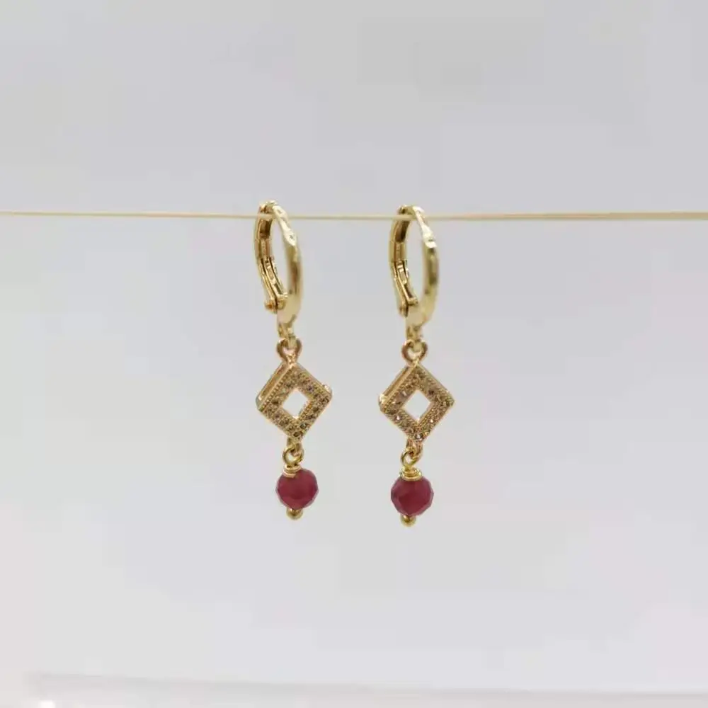 

Geometric Zircon Faceted Ruby Dangle Earrings Gemstones Pendants 14K Gold Filled Hoops Diamond Shape Women Classic Jewelry Gift